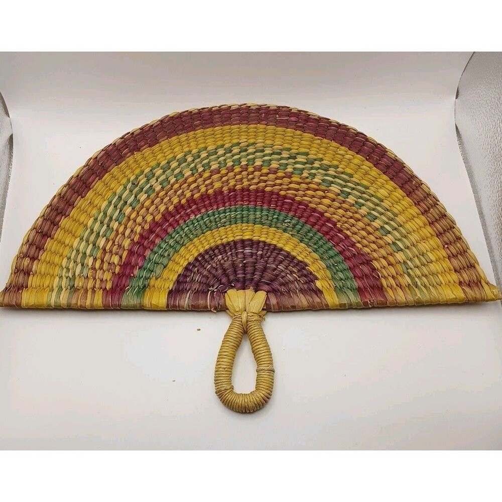 Woven Wicker Hand Fans Handmade Set of 2 Natural Straw Wicker Fan Boho Raffia - Picture 8 of 8